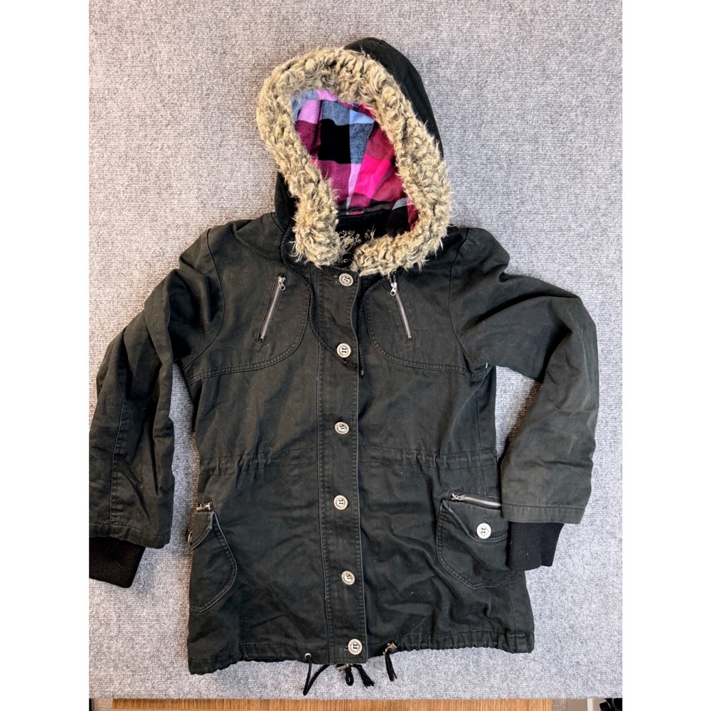 O'Neill Womens Large Black Cotton Canvas Utility Jacket Faux Fur Hood Plaid Line
